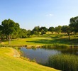 The par-4 17th hole at Vaaler Creek Golf Club features a small, elevated green set over a water hazard. 