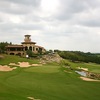 The 18th hole of the Westin La Cantera's Palmer Course features a dramatic shot downhill to the green protected by water.